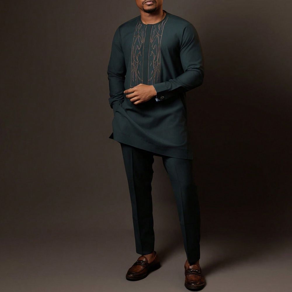 African-Inspired Casual Ethnic Embroidered Men's Long-Sleeve Suit for Weddings & Banquets