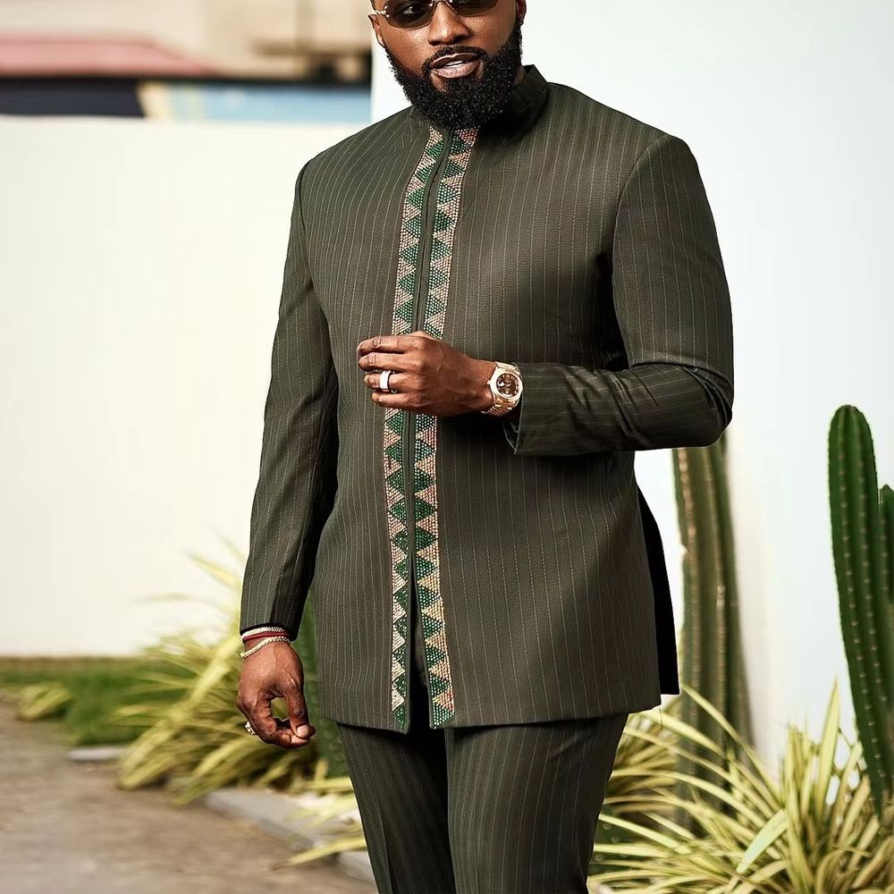 African-Inspired Casual Ethnic Embroidered Men's Long-Sleeve Suit for Weddings & Banquets