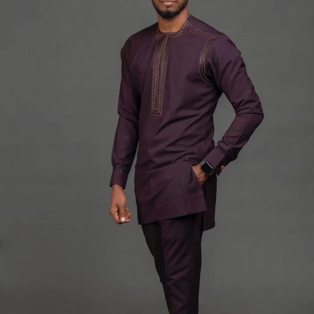 African-Inspired Casual Ethnic Embroidered Men's Long-Sleeve Suit for Weddings & Banquets