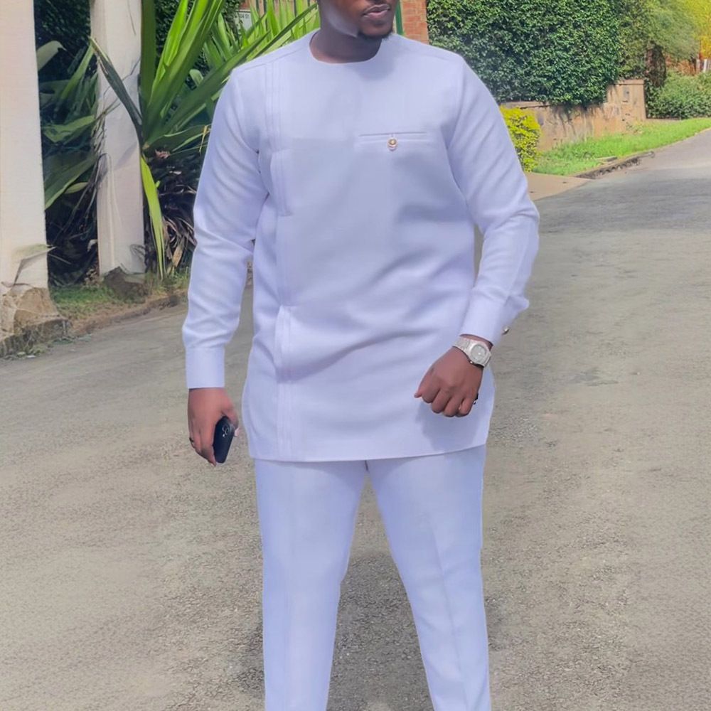 African-Inspired Casual Ethnic Embroidered Men's Long-Sleeve Suit for Weddings & Banquets