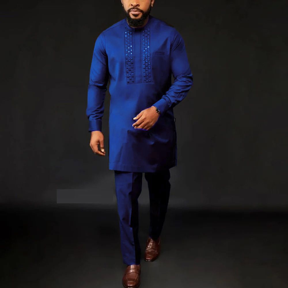 African-Inspired Casual Ethnic Embroidered Men's Long-Sleeve Suit for Weddings & Banquets