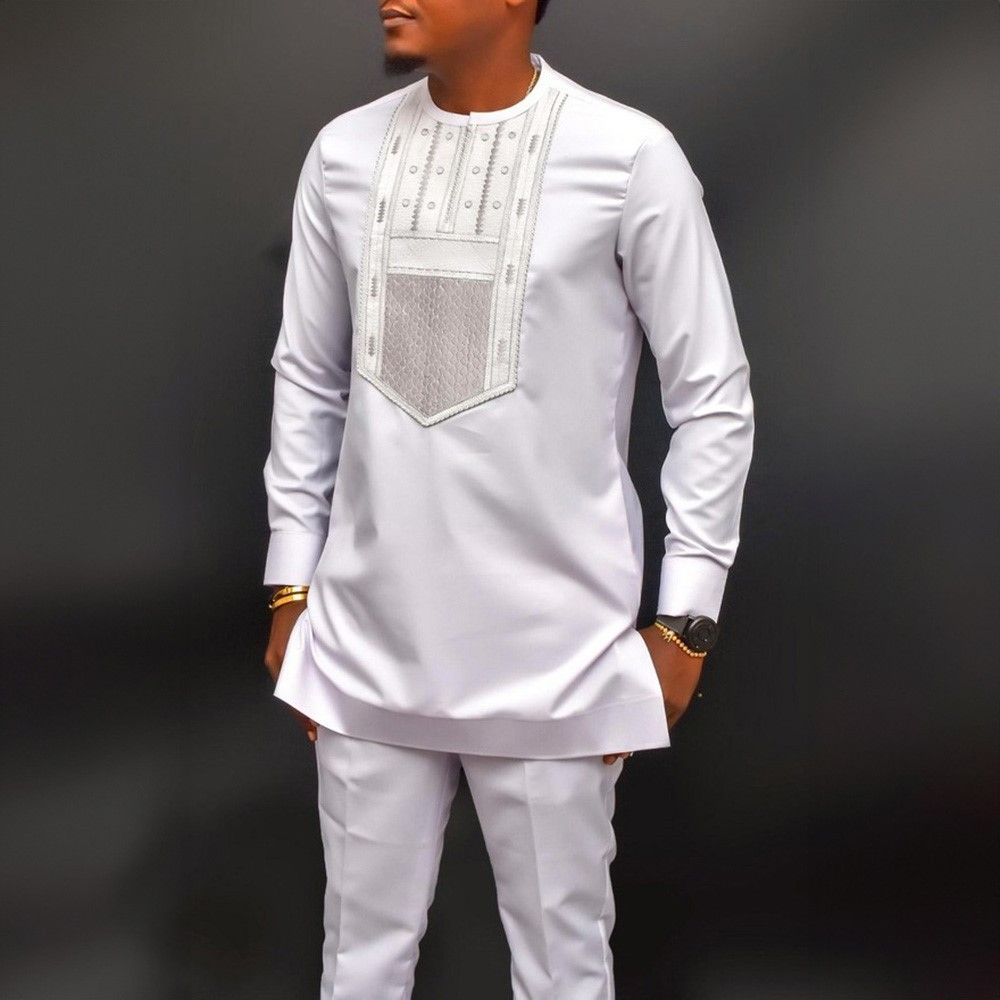 African-Inspired Casual Ethnic Embroidered Men's Long-Sleeve Suit for Weddings & Banquets