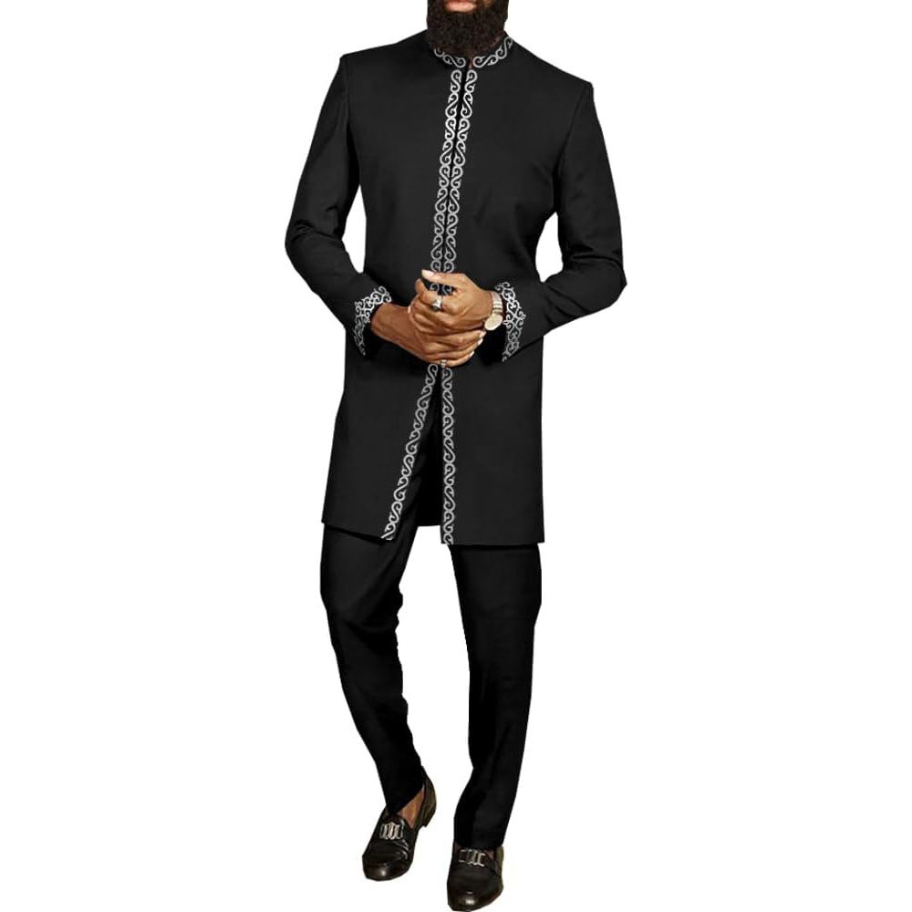 African-Inspired Casual Ethnic Embroidered Men's Long-Sleeve Suit for Weddings & Banquets