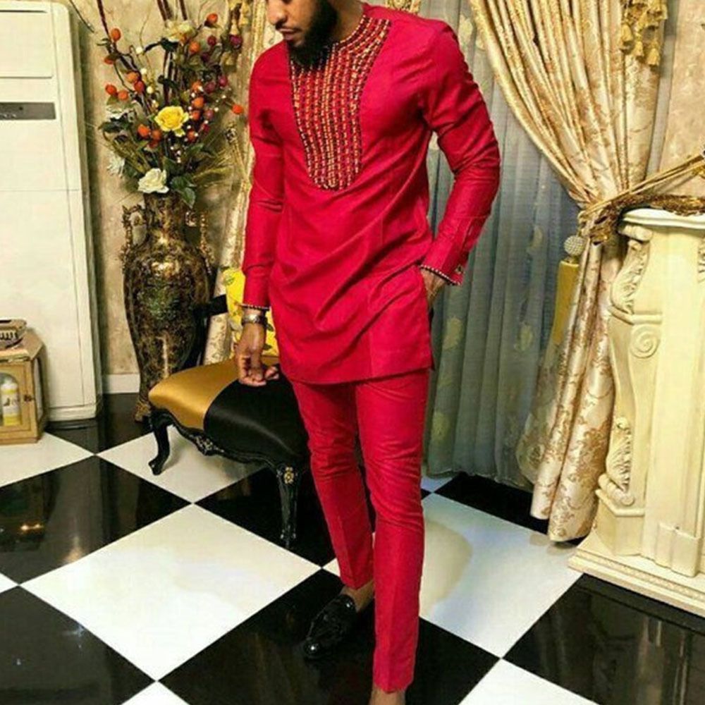 African-Inspired Casual Ethnic Embroidered Men's Long-Sleeve Suit for Weddings & Banquets