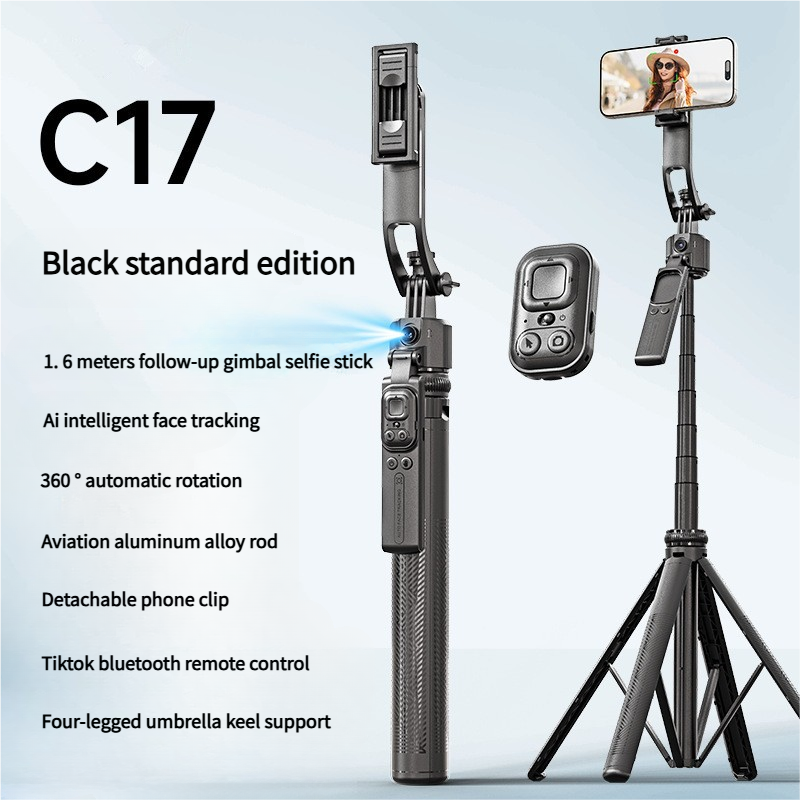 C17 Smart Selfie Stick with Face Tracking | AI Auto-Tracking  |  Anti-Shake Gimbal  |  Aluminum Alloy |  4-Leg Tripod - Photography Essential  |  Phone Stand | Mounts & Stands | Kitanda