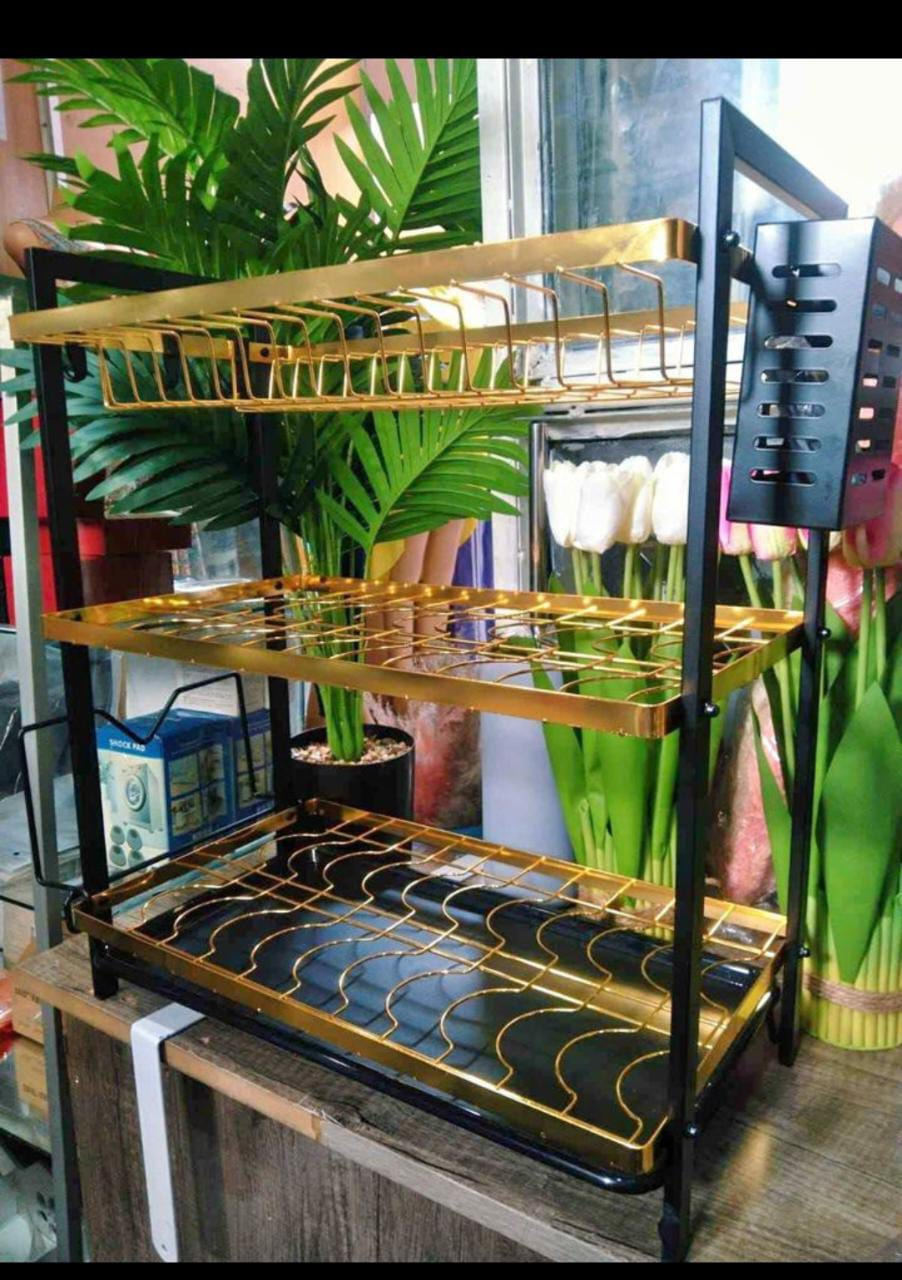 🖤 Premium 3-Tier Dish Drying Rack with Cutlery Holder & Drain Tray – Rust-Resistant Stainless Steel Black Gold Kitchen Organizer for Plates, Bowls, Mugs – Elegant & Space-Saving Design
