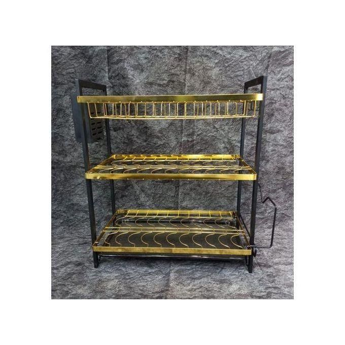 🖤 Premium 3-Tier Dish Drying Rack with Cutlery Holder & Drain Tray – Rust-Resistant Stainless Steel Black Gold Kitchen Organizer for Plates, Bowls, Mugs – Elegant & Space-Saving Design