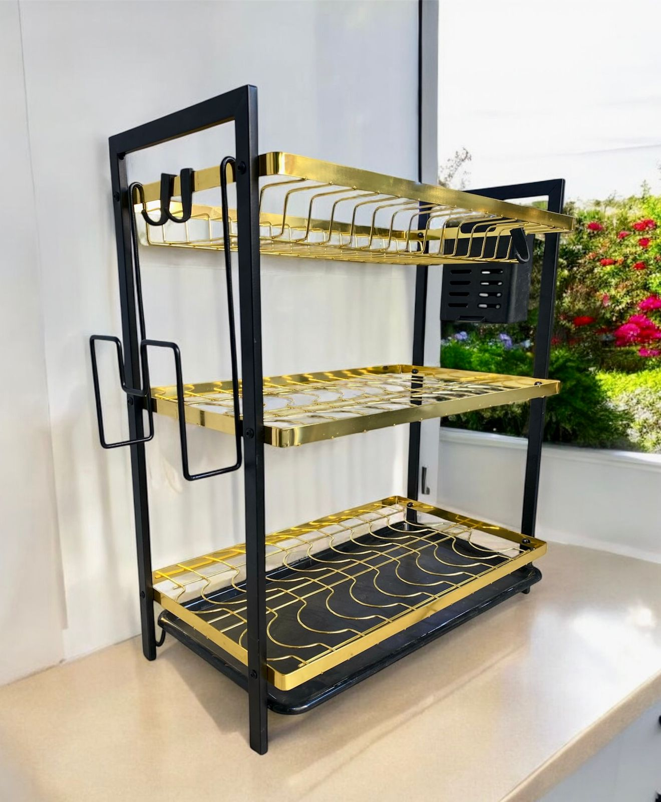 🖤 Premium 3-Tier Dish Drying Rack with Cutlery Holder & Drain Tray – Rust-Resistant Stainless Steel Black Gold Kitchen Organizer for Plates, Bowls, Mugs – Elegant & Space-Saving Design