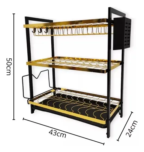 🖤 Premium 3-Tier Dish Drying Rack with Cutlery Holder & Drain Tray – Rust-Resistant Stainless Steel Black Gold Kitchen Organizer for Plates, Bowls, Mugs – Elegant & Space-Saving Design