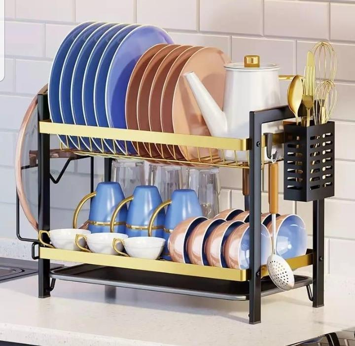 🖤 Premium 3-Tier Dish Drying Rack with Cutlery Holder & Drain Tray – Rust-Resistant Stainless Steel Black Gold Kitchen Organizer for Plates, Bowls, Mugs – Elegant & Space-Saving Design
