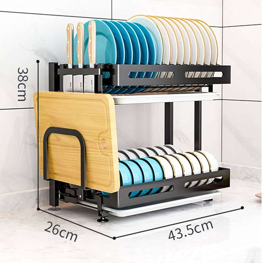 🖤 Premium 3-Tier Dish Drying Rack with Cutlery Holder & Drain Tray – Rust-Resistant Stainless Steel Black Gold Kitchen Organizer for Plates, Bowls, Mugs – Elegant & Space-Saving Design