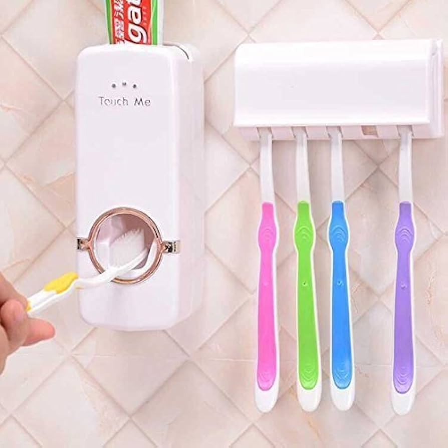 Automatic Toothpaste Dispenser with Toothbrush Holder – Wall Mounted, Hands-Free, Easy Squeeze & Hygienic Bathroom Organizer for Family Use