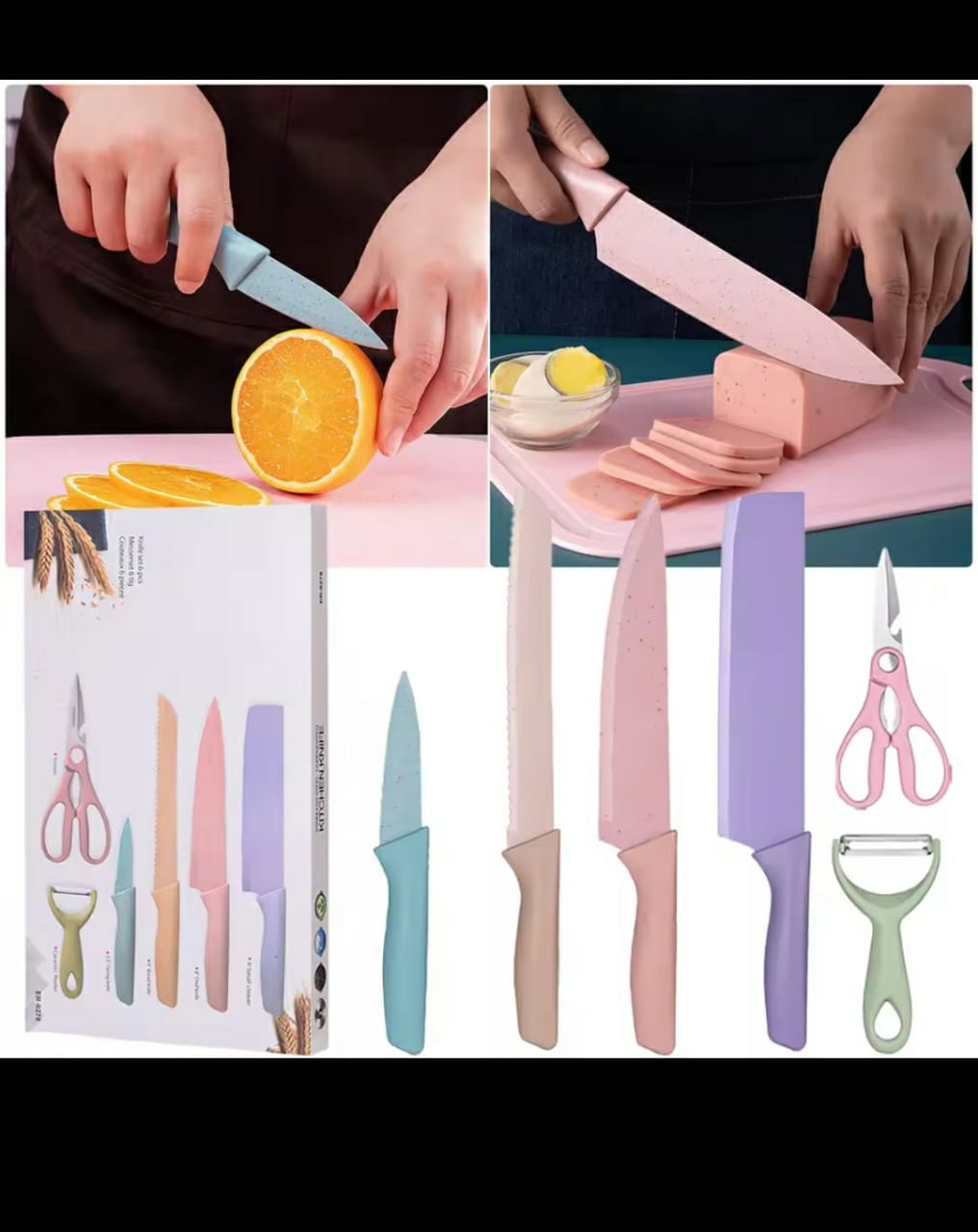Colorful Kitchen Knife Set 6 PCS, Colored Knives Set with Non-Stick Coating, Chef Boxed Knives Set for Cooking, Camping, Travel, Picnic, BBQ and RV;