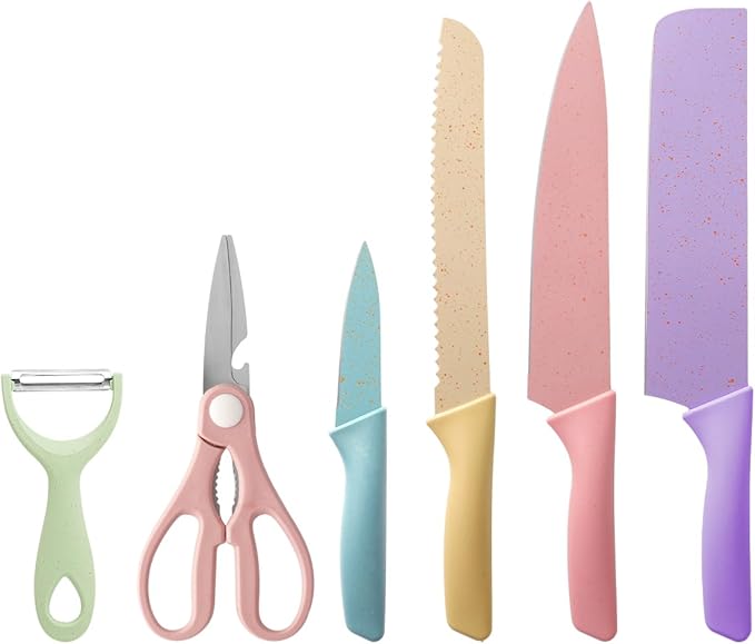Colorful Kitchen Knife Set 6 PCS, Colored Knives Set with Non-Stick Coating, Chef Boxed Knives Set for Cooking, Camping, Travel, Picnic, BBQ and RV;