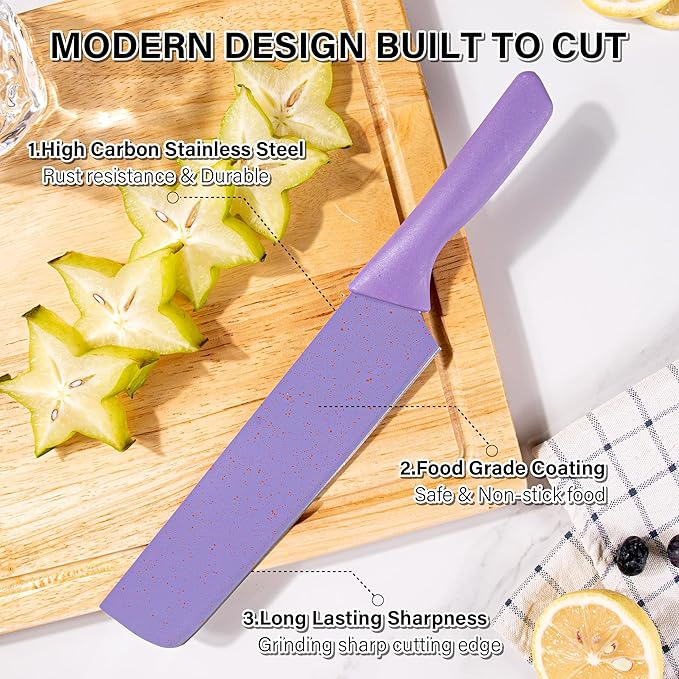 Colorful Kitchen Knife Set 6 PCS, Colored Knives Set with Non-Stick Coating, Chef Boxed Knives Set for Cooking, Camping, Travel, Picnic, BBQ and RV;