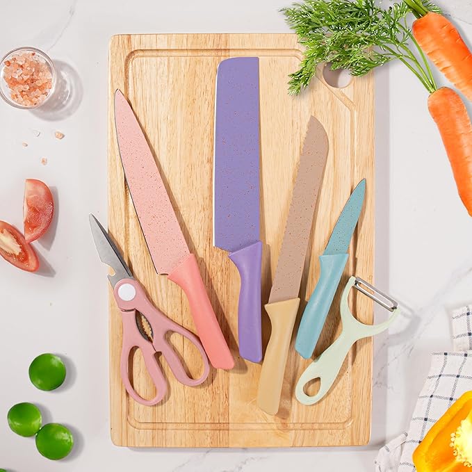 Colorful Kitchen Knife Set 6 PCS, Colored Knives Set with Non-Stick Coating, Chef Boxed Knives Set for Cooking, Camping, Travel, Picnic, BBQ and RV;