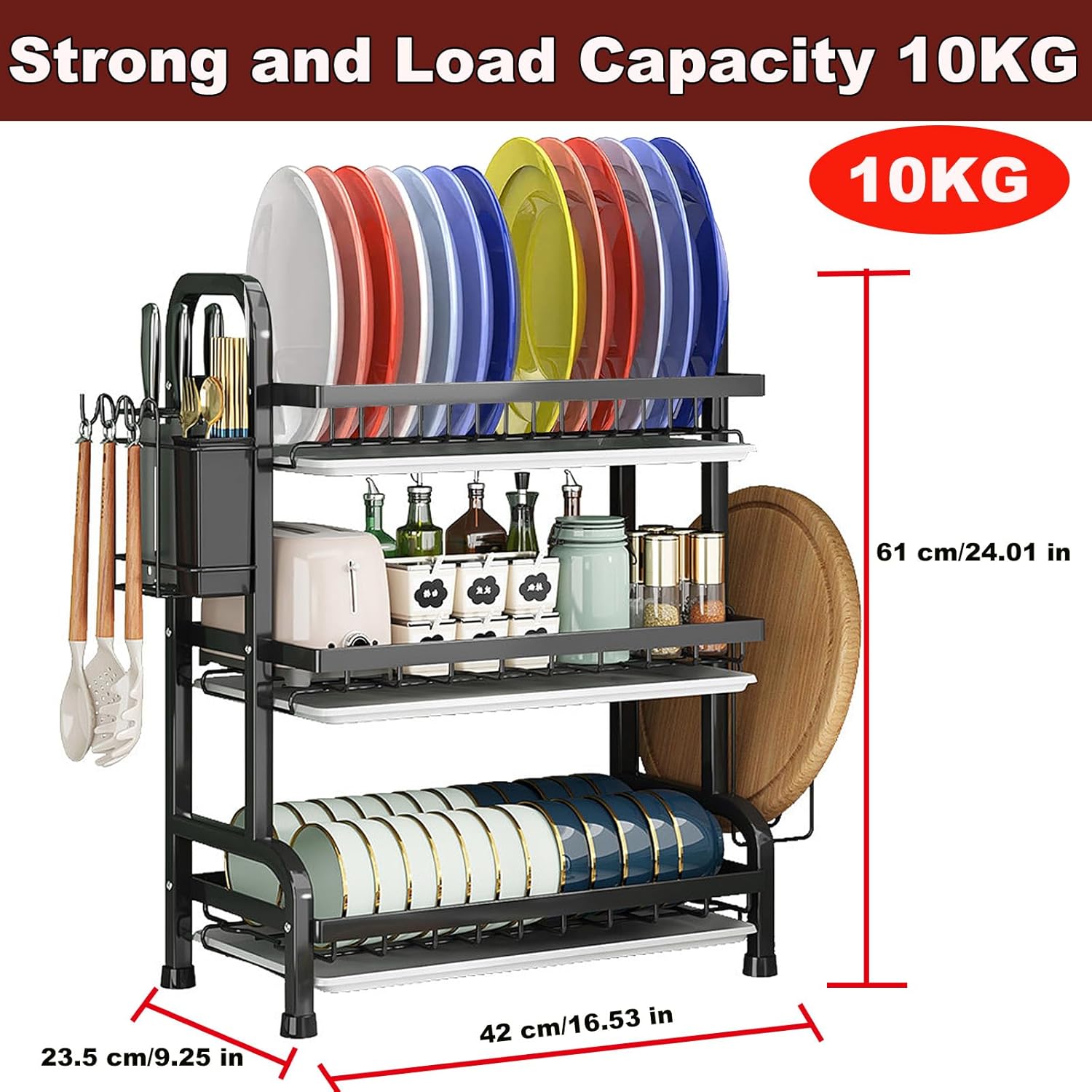 3 Tier High Quality Carbon Steel Dish Rack Utensil Organizer 3 Layers Dish Drainer
