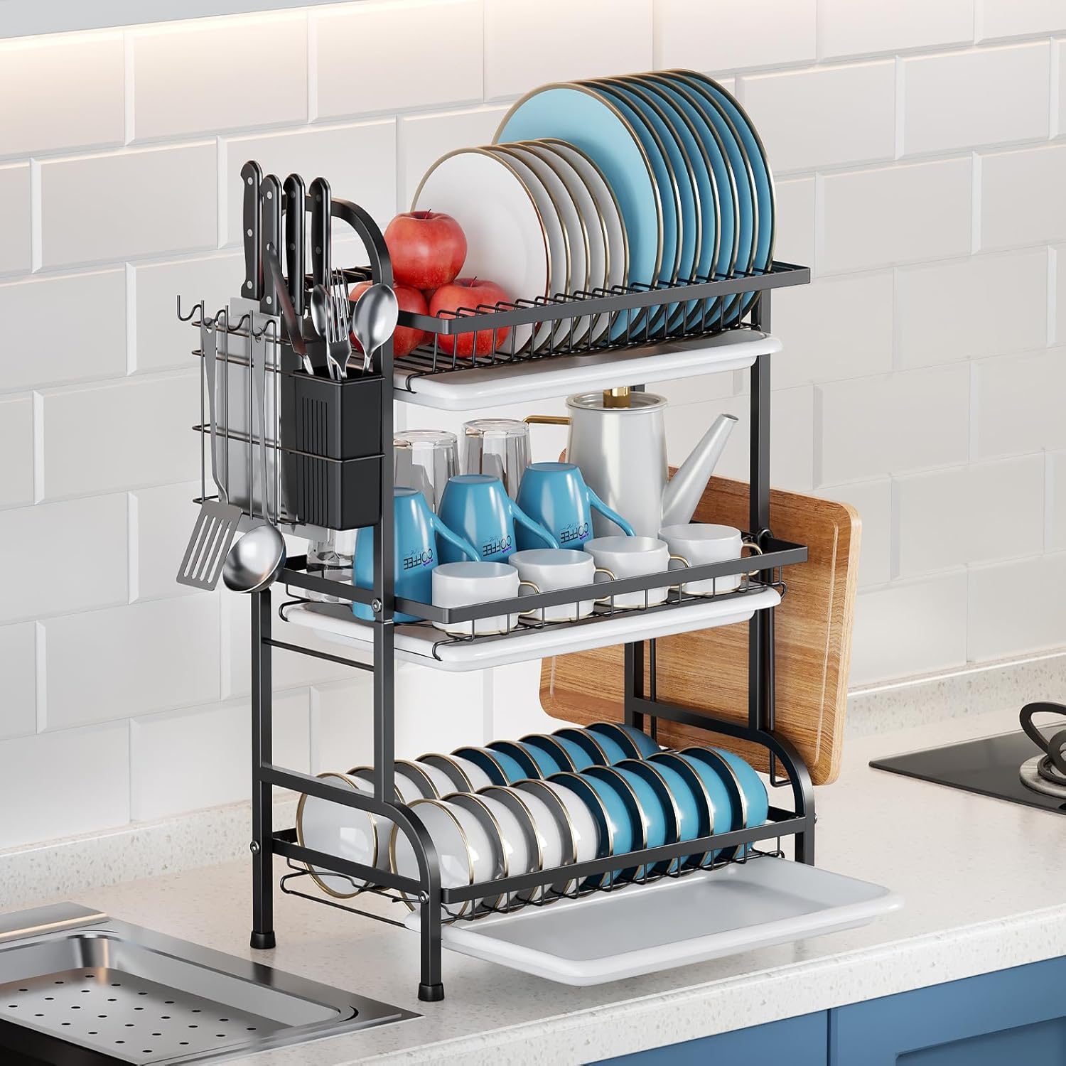 3 Tier High Quality Carbon Steel Dish Rack Utensil Organizer 3 Layers Dish Drainer