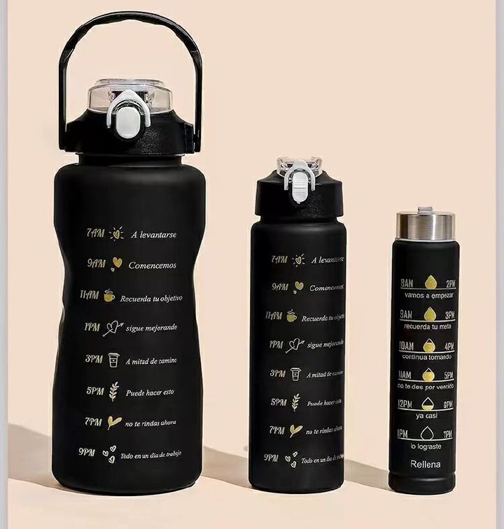 3-in-1 black Set Water Bottle Motivational Sports Leakproof Bottle ports Outdoor Travel Gym Fitness (2000ml+900ml+300ml)