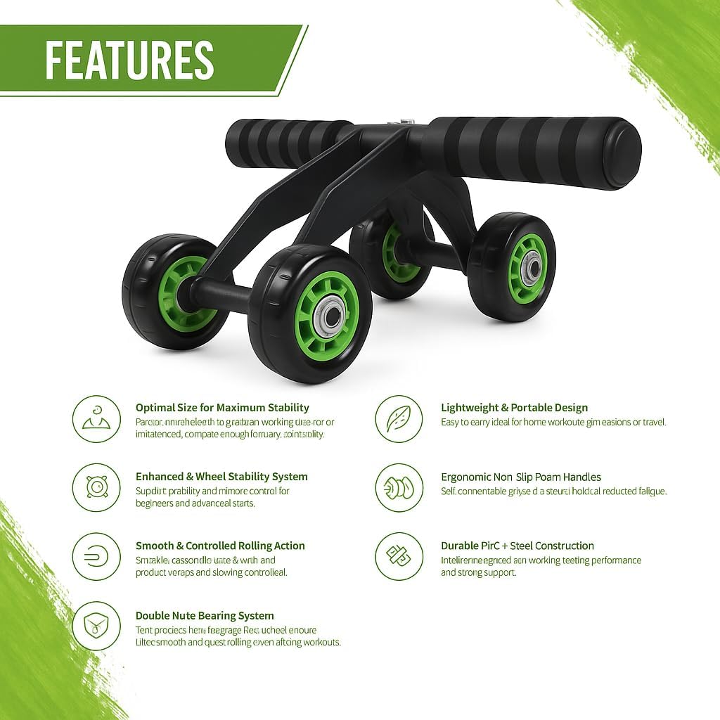 Ab Roller Wheel 4-Wheel Stability , Quality – Ab Wheel & Abdominal Exercise Roller for Abs Workout, Core Trainer & Home Gym Fitness Equipment for Men & Women