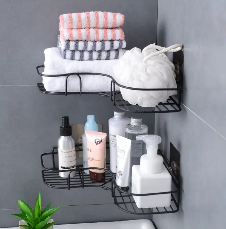 Strong Adhesive Metal Corner Storage Rack Punch-Free Toilet Triangle Iron Bathroom Shelf