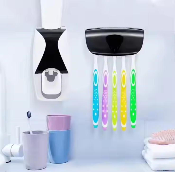 Bathroom Automatic Wall Mount 5 Slot Toothbrush Squeezer Storage Rack Holder Toothpaste Dispenser Toothbrush-Random color