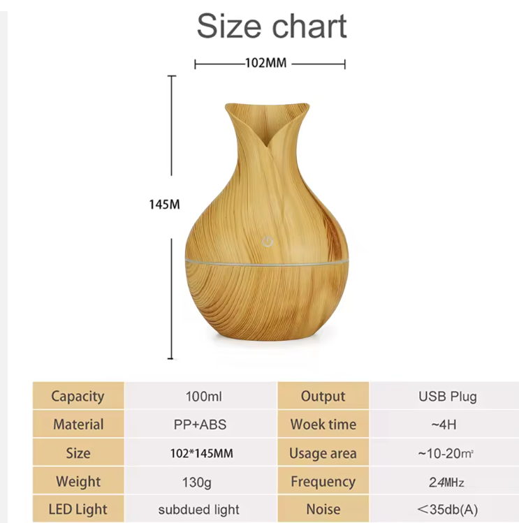 Nordic Wooden Vase USB Humidifier | Aromatherapy Diffuser | Cool Mist | LED Night Light | Bedroom & Office