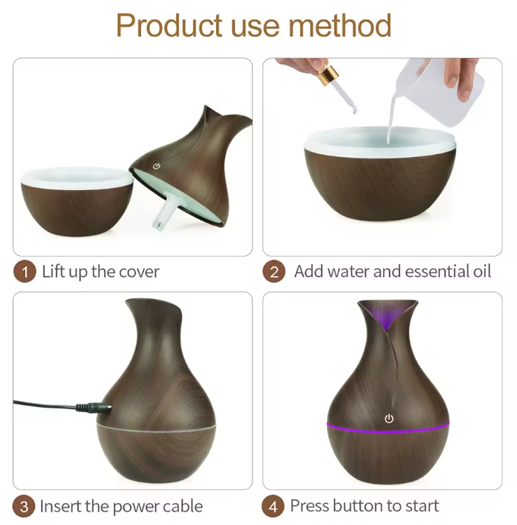 Nordic Wooden Vase USB Humidifier | Aromatherapy Diffuser | Cool Mist | LED Night Light | Bedroom & Office