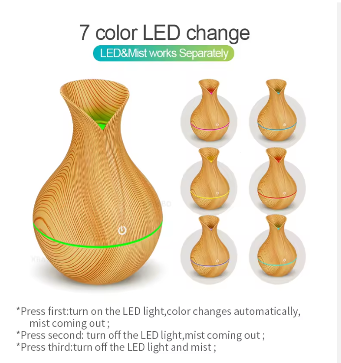 Nordic Wooden Vase USB Humidifier | Aromatherapy Diffuser | Cool Mist | LED Night Light | Bedroom & Office