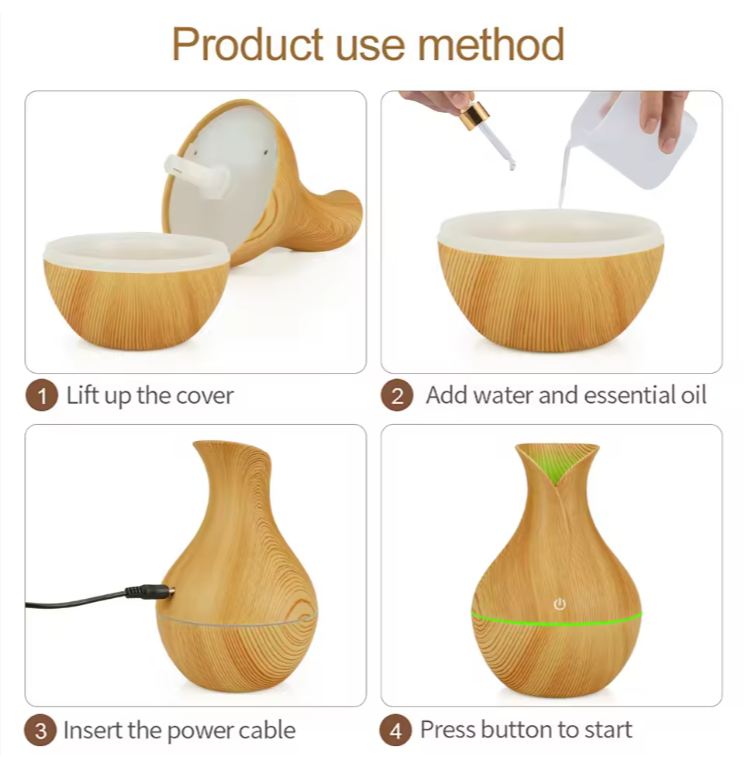 Nordic Wooden Vase USB Humidifier | Aromatherapy Diffuser | Cool Mist | LED Night Light | Bedroom & Office