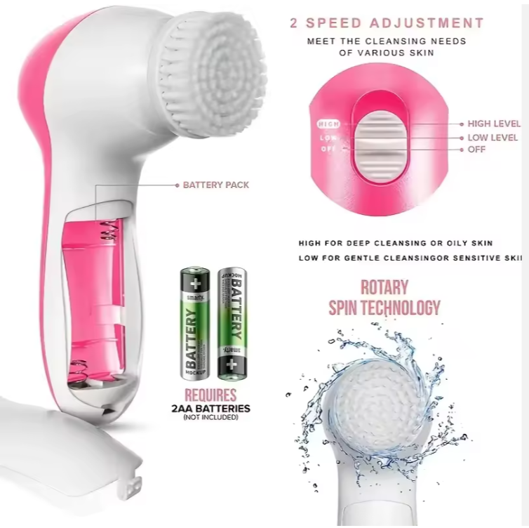 5 in 1 Face Exfoliating Electric Facial Cleaner Silicone Scrub Pore Cleaner Spin Sonic Facial Cleansing Brush Face Massager