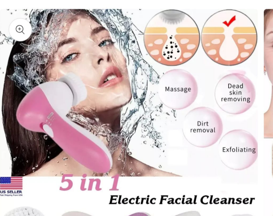 5 in 1 Face Exfoliating Electric Facial Cleaner Silicone Scrub Pore Cleaner Spin Sonic Facial Cleansing Brush Face Massager