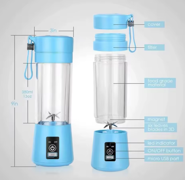 380ml Portable USB Rechargeable Blender | Mini Juicer Cup | Smoothies On The Go | Rechargeable | For Gym, Travel & Office- Assorted color