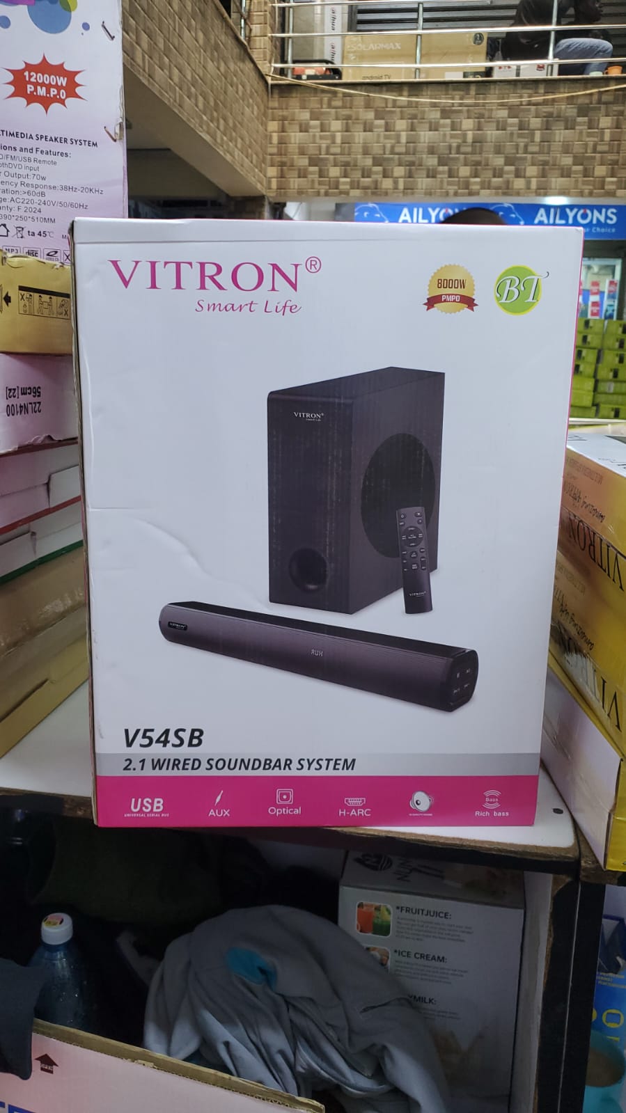 Vitron V54SB 2.1CH Sound bar subwoofer system. This is an audio system that includes a soundbar and a subwoofer. It is designed to enhance the sound quality of a television or other devices.