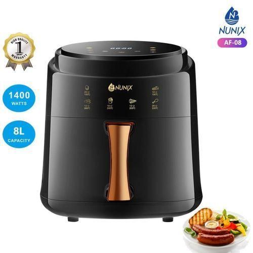 8 litres nunix airfryer With its extra-large 8-litre capacity, you can prepare fries, chicken, fish, pastries, and more in bulk. The modern, sleek design enhances any kitchen countertop.