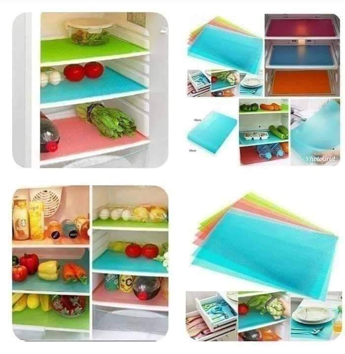 PVC 4 PIECE FRIDGE MAT SET - WATERPROOF, NON-SLIP, EASY-TO-CLEAN SHELF LINERS FOR REFRIGERATOR AND KITCHEN USE, NON-TOXIC PVC THAT IS DURABLE, LIGHTWEIGHT, AND SAFE FOR FOOD CONTACT