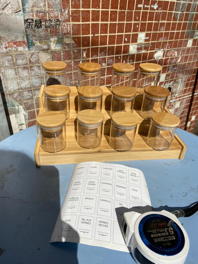 12Pcs Glass Spice Jar Set with Bamboo Lids & Wooden Rack – Kitchen Organizer,  Ideal for everyday spice quantities