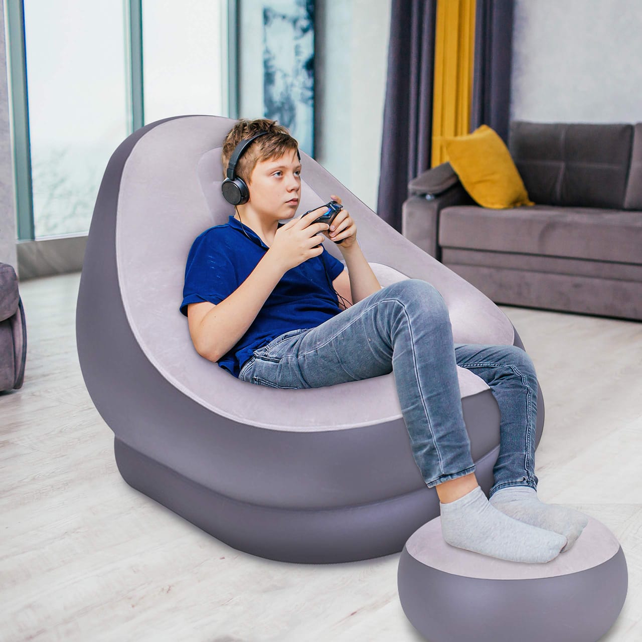 Inflatable sofa seat with foot stool and manual pump .Flocked Surface inflatables Couch, Waterproof Blow Up chair,Comfortable inflatable Couch for Camping,Gaming.