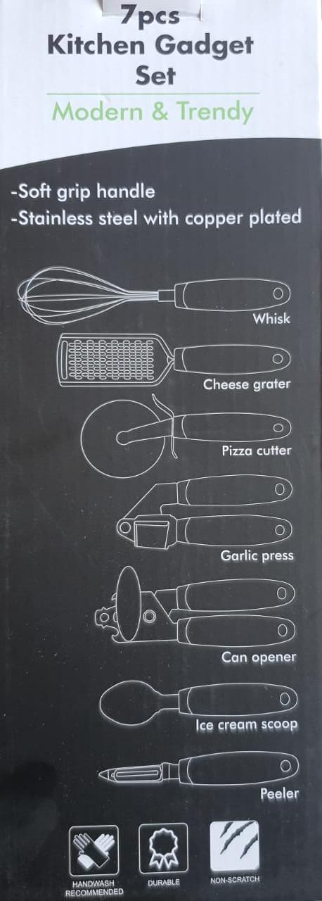 High quality 7pcs Kitchen gadget set with copper plated.Consist of whisk,grater,pizza cutter,garlicpress,can opener ,ice-cream scoop and peeler