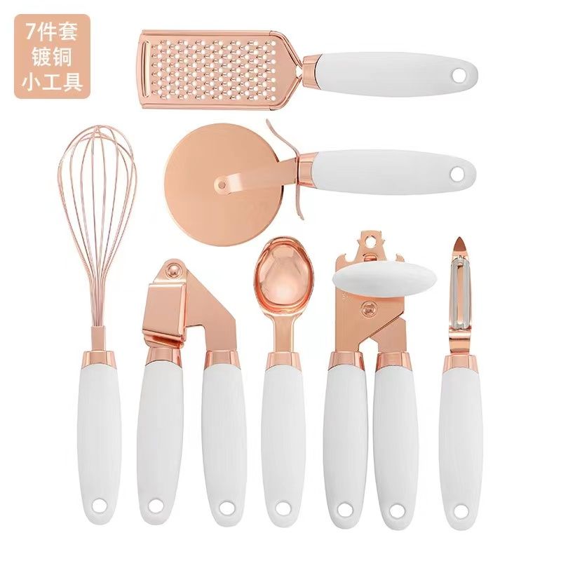 High quality 7pcs Kitchen gadget set with copper plated.Consist of whisk,grater,pizza cutter,garlicpress,can opener ,ice-cream scoop and peeler