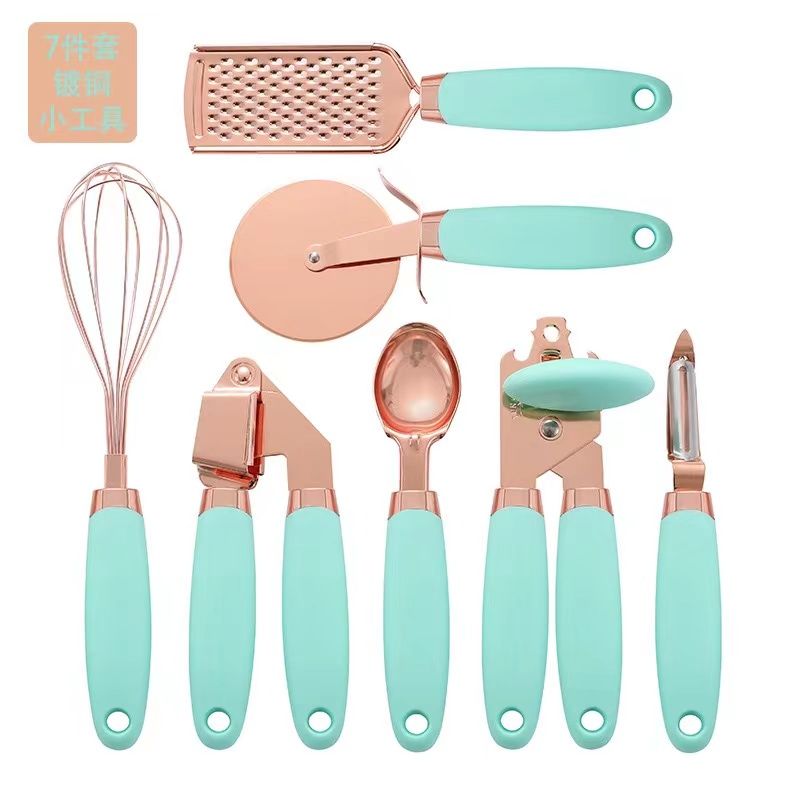 High quality 7pcs Kitchen gadget set with copper plated.Consist of whisk,grater,pizza cutter,garlicpress,can opener ,ice-cream scoop and peeler