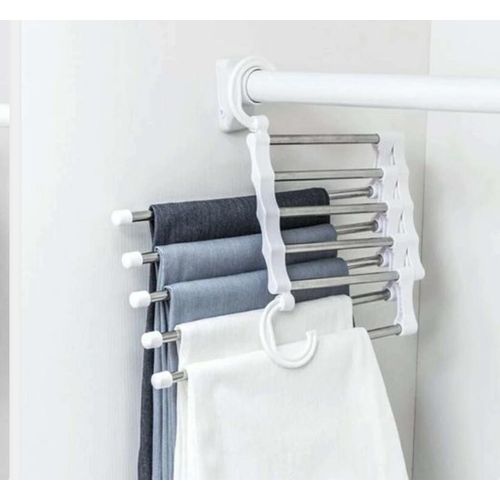 5 IN 1 STAINLESS STEEL FOLDABLE SQUARE CLOTHES HANGER | MAGIC MULTI-LAYER SPACE SAVING PANT & SAREE HANGER FOR WARDROBE | MULTIPURPOSE FOLDABLE TROUSER ORGANIZER RACK (WHITE, PACK OF 1)