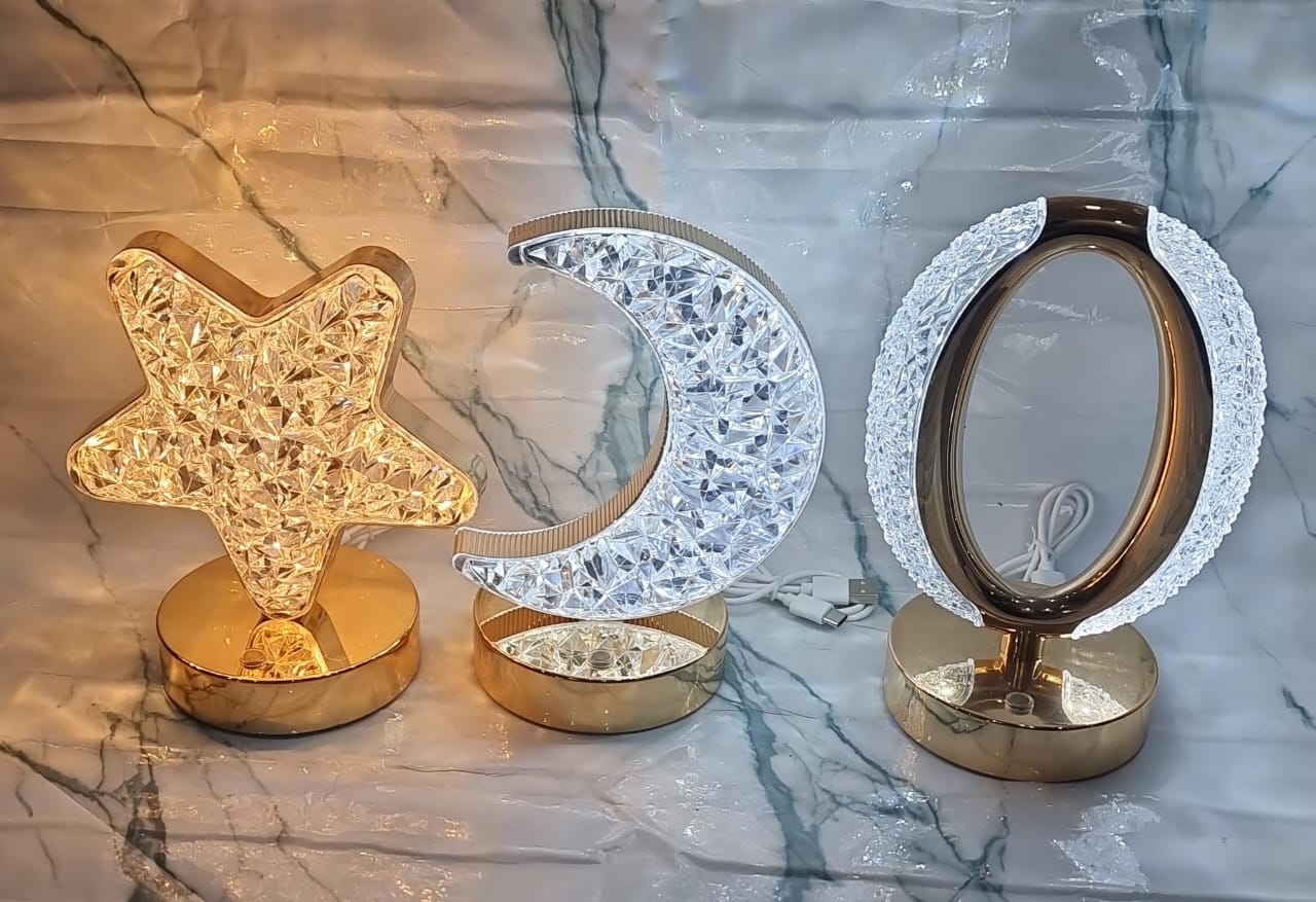 RECHARGEABLE CREATIVE TABLE LAMP WARM AND WHITE LIGHT NOW AVAILABLE 3 SHAPES CRESCENT, STAR AND OVAL STEPLESS DIMMABLE TOUCH LAMP WITH 3 COLORS, RECHARGEABLE NIGHT LIGHT WITH USB PORT, RAMADAN MOON