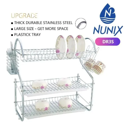 Nunix 3 Tier Stainless Steel Dish Rack 3 Layers Utensil Dish Drainer Kitchen Storage Organizer