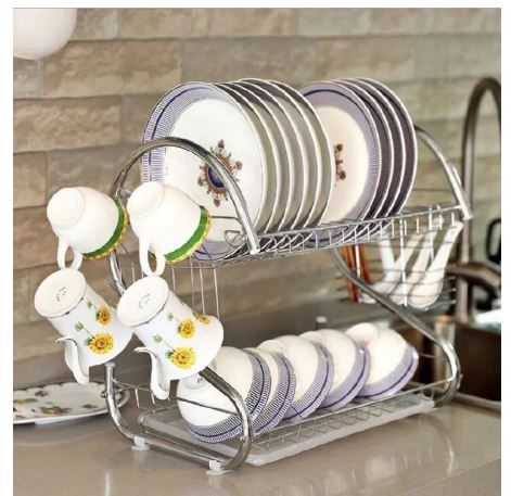 2 Layer Stainless Steel Dish Rack 2 Tier Kitchen Utensils Organizer