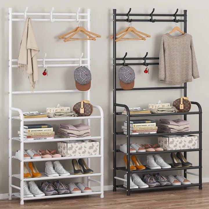 Fresh Fab Finds Entryway Coat Hat Rack Shoe Storage Shelf 5 Tier Shoe Rack Freestanding Hall Tree Garment Hanger Stand Clothes Shoe Organizer Combo main image 1
