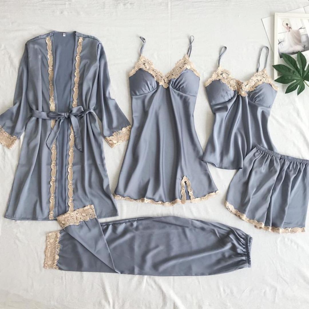 5 in 1 Ladies Sleeping Clothes Women's Pajama Set Satin Quality