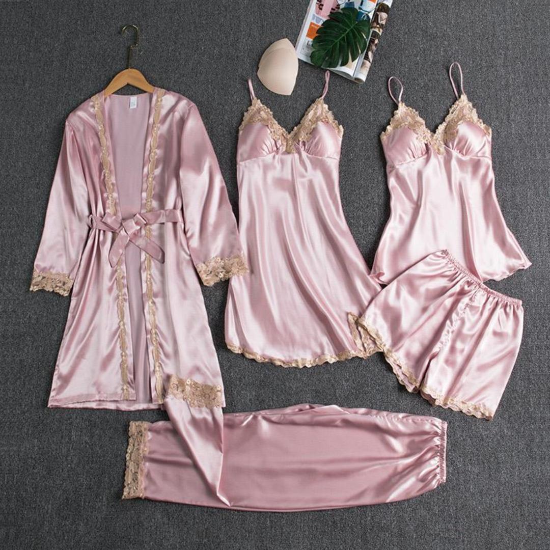 5 in 1 Ladies Sleeping Clothes Women's Pajama Set Satin Quality