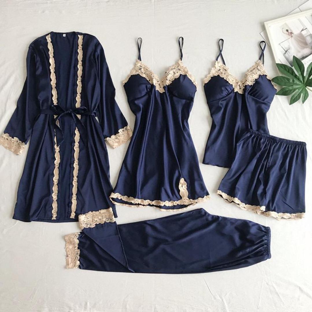 5 in 1 Ladies Sleeping Clothes Women's Pajama Set Satin Quality