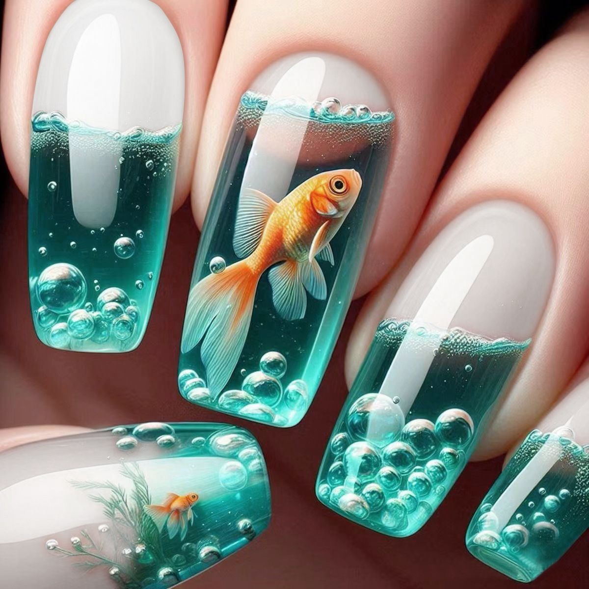 Mascara painting scene of goldfish swimming in the rippling water dream. Wearing 24 pieces of makeup.